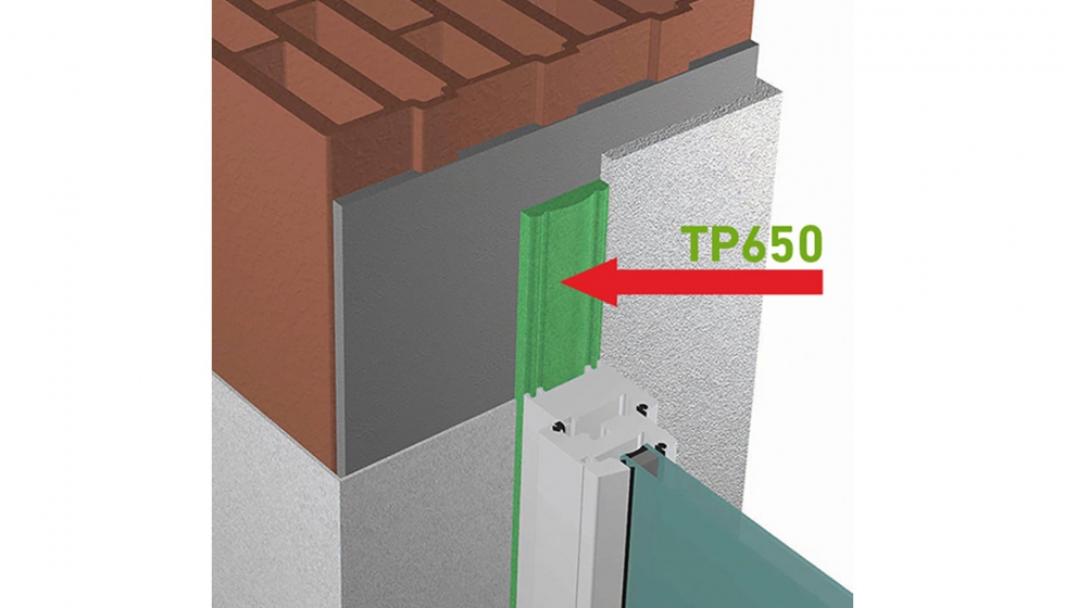 Detalle tcnico de instalacin de la cinta de espuma impregnada multifuncional illbruck TP650 Trio