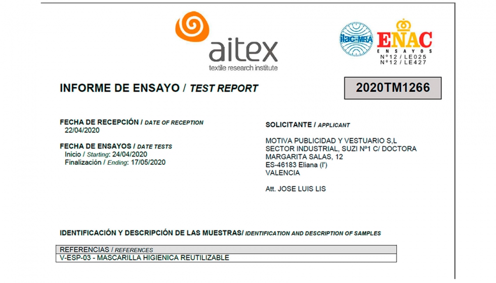 Certificado oficial de Aitex para Motiva CEE