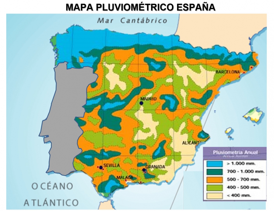 Figura 7. Mapa pluviom�trico de Espa�a con cinco clases de pluviometr�a. Fuente: Iglesias, 2020
