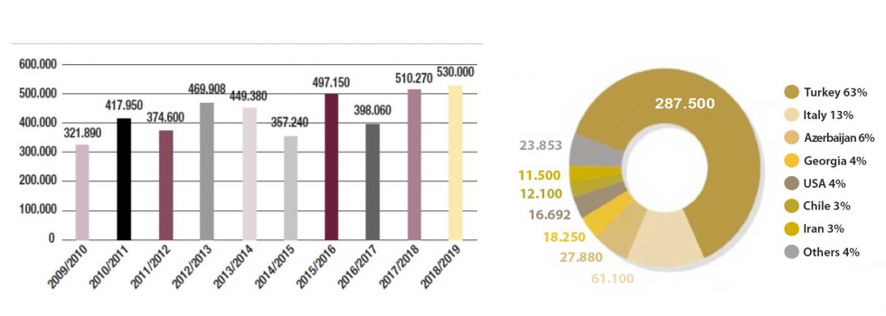 Figura 2. Evoluci�n de la producci�n mundial de avellana grano (t) a lo largo del per�odo 2009-2019 (izquierda)...