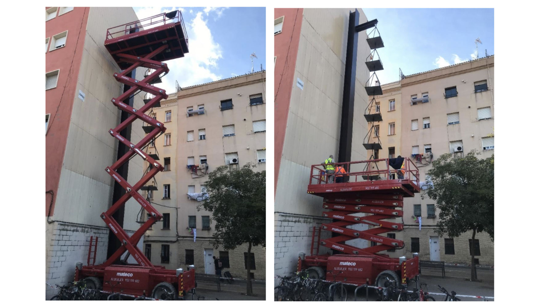 Plataforma de Mateco trabajando en el mantenimiento del monumento barcelons Balanza Romana