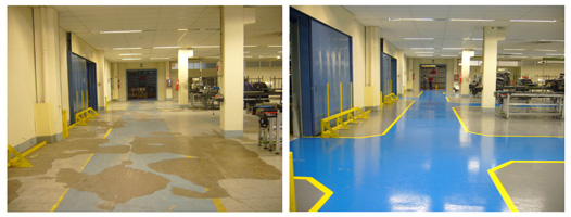 Image of industrial soil before and after the application of the pavement multi-layer Protecta