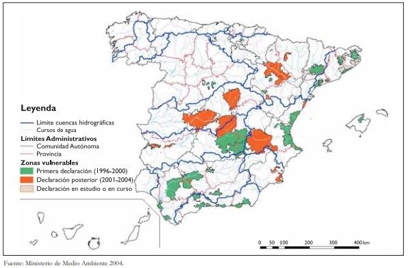 Figura 1.- Mapa de zonas designadas vulnerables a la contaminaci�n por nitratos en 2004. Estado Espa�ol. (Fuente: Ministerio de Medio Ambiente, 2004)...