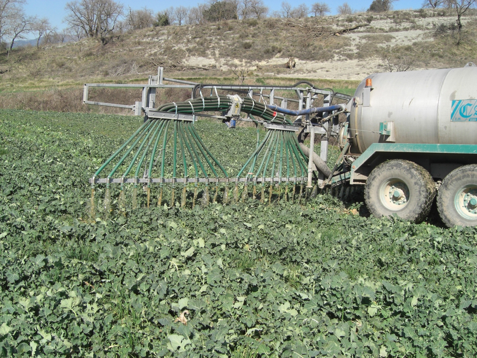 Figura 2.- Aplicaci�n de purines en cobertera de colza con equipos de barras de tubos colgantes