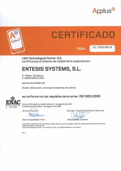 Certificado otorgado a Entesis conforme cumple la norma ISO 9001:2000