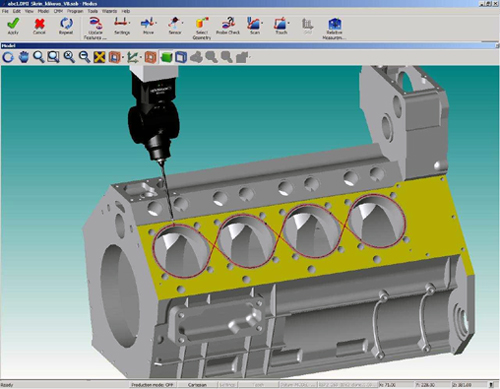 Model engine block in the Modus software CAD, showing the Revo head in a measurement in continuous of a Board