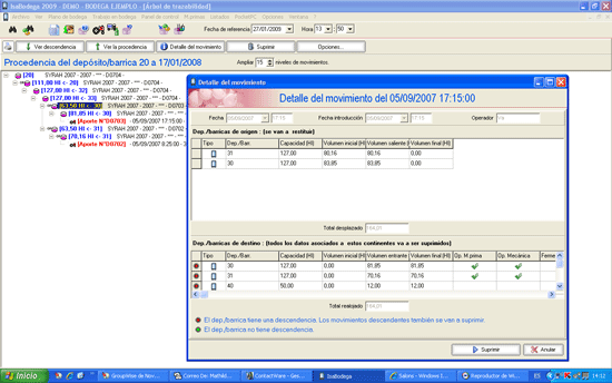 Screen shot of operation of traceability of the Isabodega software