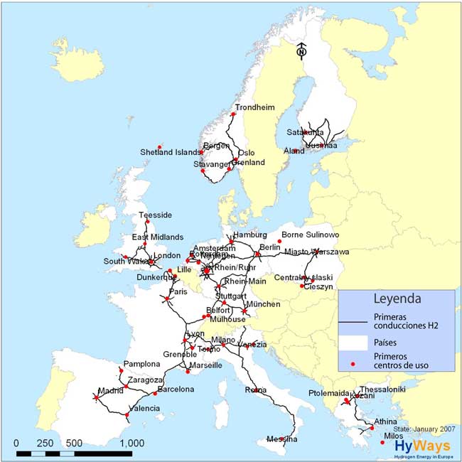 Figura 2. Propuesta de red europea de hidrogenoductos. (Hyways, European Hydrogen Energy Roadmap (http://www.hyways.de)