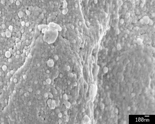 Imagen de la superficie de Keronite por medio de microscopio electrnico. La porosidad de escala nanomtrica facilita la impregnacin...