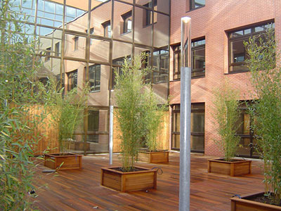 Junto a la torre se ha adosado un edificio con base cuadrada, con un patio central...