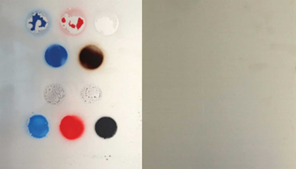 La misma hoja de prueba pintada con Adapta Antigraffiti HCR antes y despus de la prueba de eliminacin de 10 tintes diferentes...