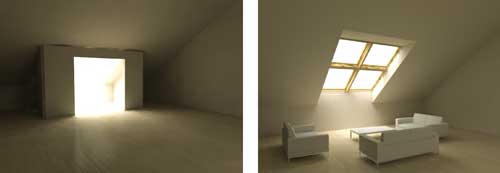 Imagen renderizada del interior de un tico con acceso a una terraza, antes (izquierda) y despus (derecha) de la reforma...