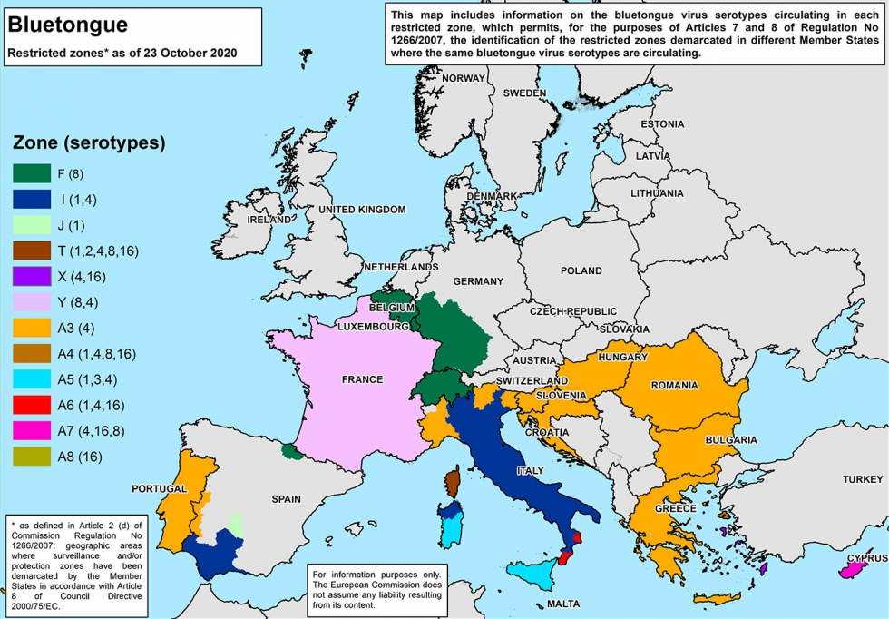 Mapa actualizado al 23 de octubre de la lengua azul en Europa, con la incorporacin de la nueva zona afectada por el serotipo 8 en Navarra...