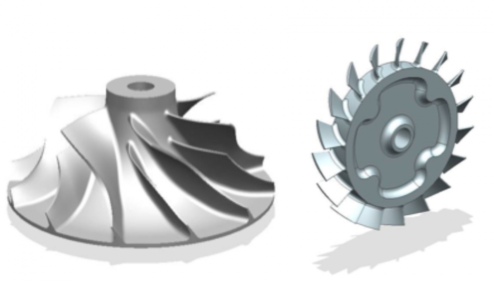 Figura 2: Elementos de turbinas tipo impeller (izquierda) y blisk (derecha) con geometras de forma libre [2]