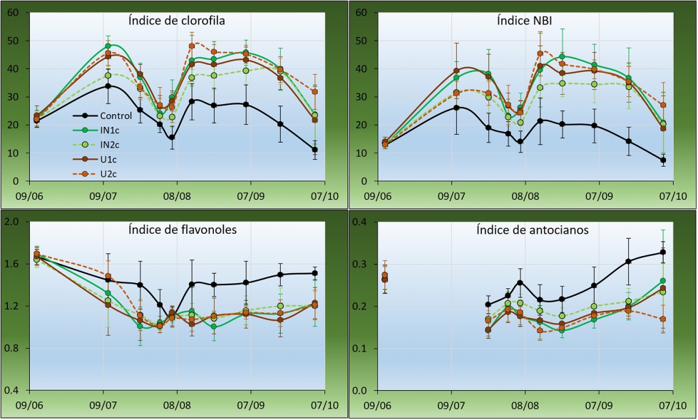 Figura 1. �ndices en clorofila, flavonoles, antocianos y NBI registrados con Dualex para los diferentes tratamientos a lo largo del ciclo del ma�z...