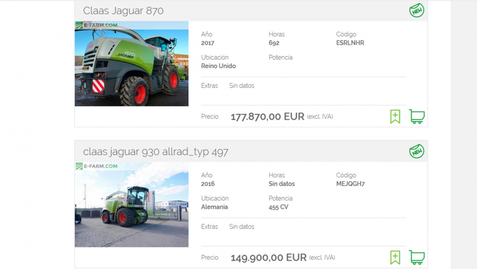Dos picadoras Jaguar a la venta en el portal E-Farm