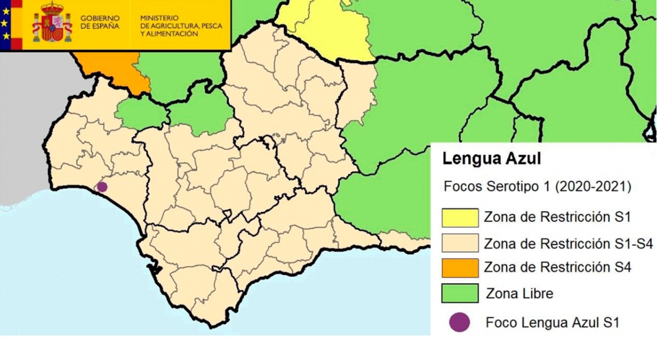 Mapa de las zonas de restriccin y el foco de lengua azul detectado en Huelva