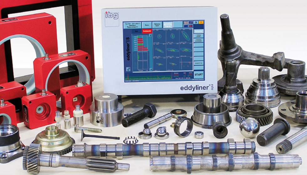 Equipo Eddyliner S con accesorios de IBG con ejemplos de piezas inspeccionadas