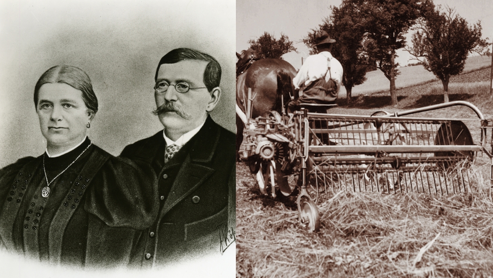 A la izquierda, el fundador de la empresa, Franz Pttinger, con su esposa Juliane. A la derecha, rastrillo hilerador tirado por caballo...