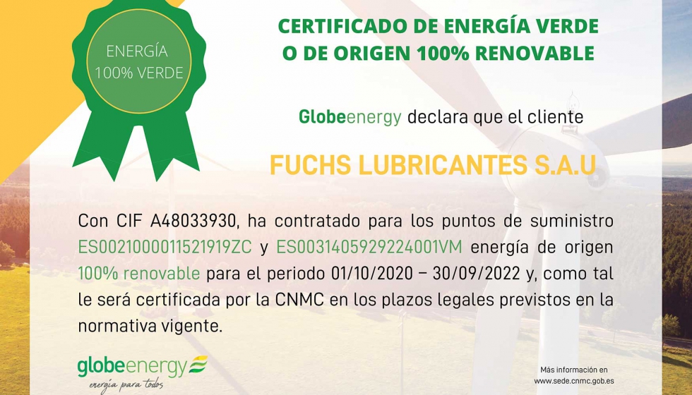 El certificado de Globeenergy confirma el consumo de energa 100% renovable en sus instalaciones