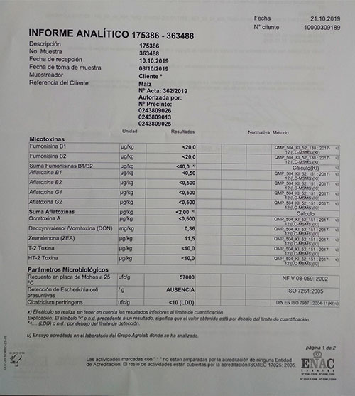 Foto 6. Ejemplo de informe de resultados de an�lisis de diversas micotoxinas y par�metros microbiol�gicos en una muestra de grano de ma�z...
