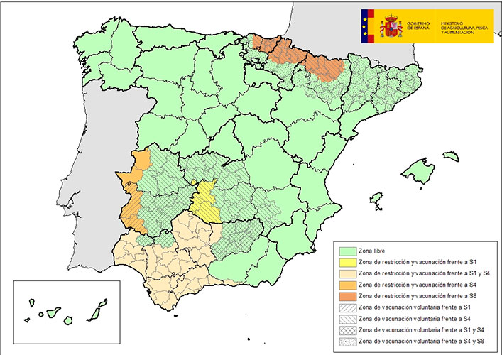 Mapa de la lengua azul en España publicado por el Ministerio de Agricultura, Pesca y Alimentación (MAPA)
