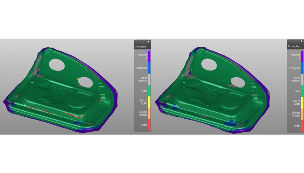 Figura 5. Formability en un refuerzo de puerta con friccin constante (izda.) y modelo de friccin de TriboForm (dcha.).