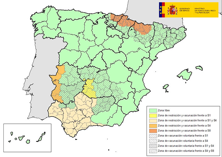 Mapa de zonas de restriccin y de vacunacin de la lengua azul en Espaa