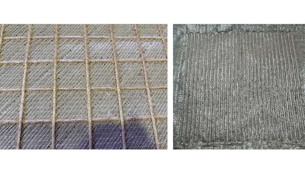 Imagen 1. Tejido natural reforzado con hilo de lino (izda) y no tejido de fibra de carbono con hilo conductor (dcha) ambos obtenidos mediante TFP...