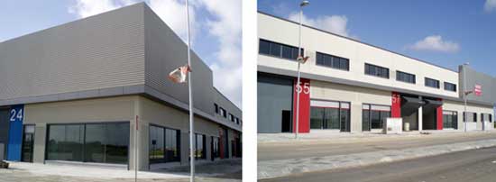 Diferentes vistas de las naves terminadas comercializadas por Forcadell en Jarilla Parque Empresarial, en Sant Jos de la Rinconada, Sevilla...