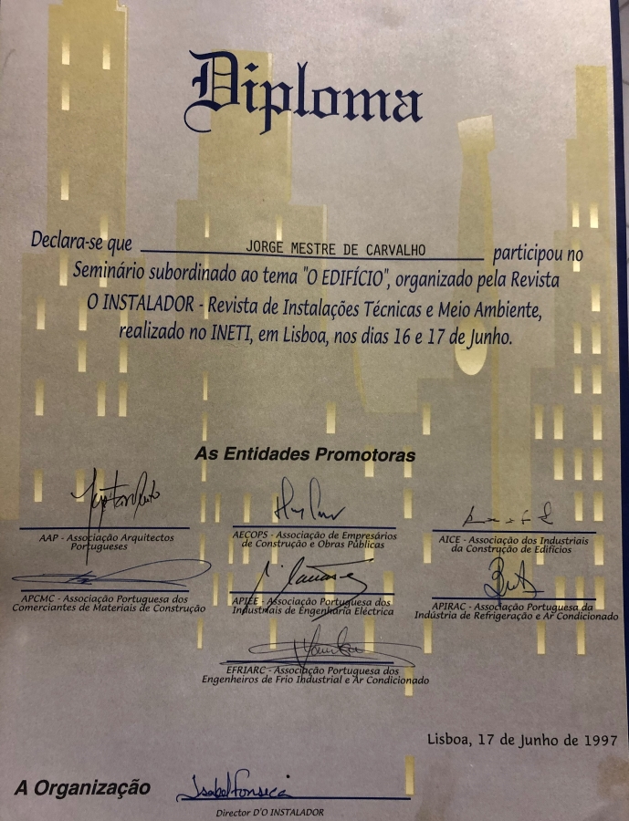 Diploma de participao do primeiro seminrio organizado pela revista O Instalador, em 1997