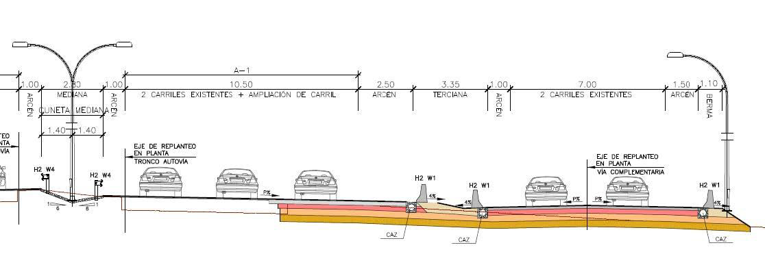 Ejemplo de secci�n tipo con ampliaci�n de tercer carril en tronco por exterior e implantaci�n de v�a complementaria lateral de dos carriles -...