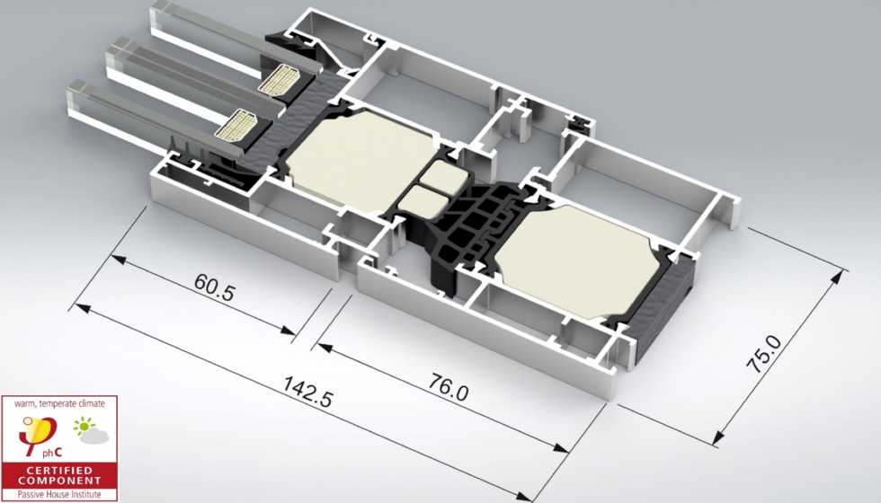 Dimensiones del sistema alg 75 Mxima Passivhaus, de Alugom