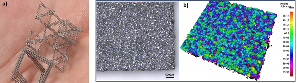 Figura 5. a) Microestructuras diseadas en el proyecto ADAM2 con forma de celosa estructurada en forma trapezoidal...