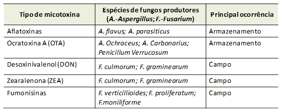 Tabela 1: Tipos de micotoxinas mais frequentes no milho, espcies de fungos produtores e sua principal ocorrncia