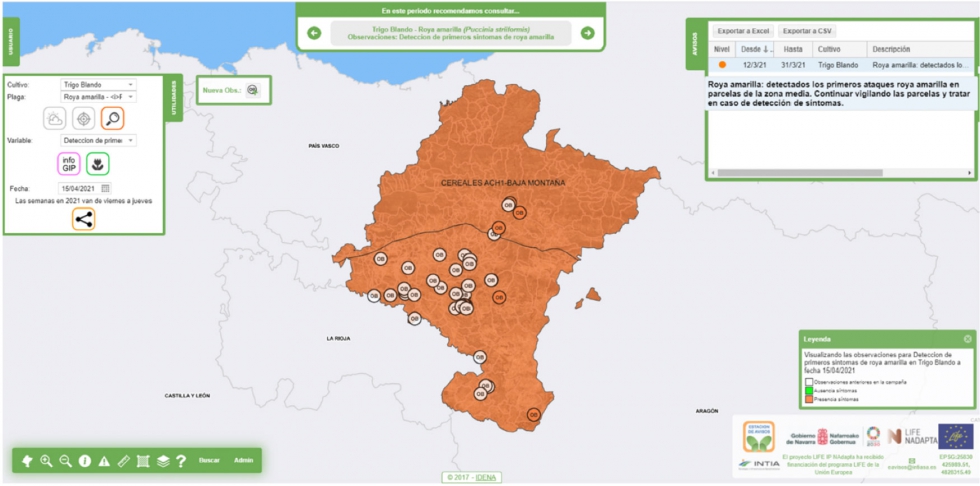 Figura 1. Visor de la Estaci�n de Avisos de INTIA donde se registra y visualiza la informaci�n sobre la detecci�n de royas...