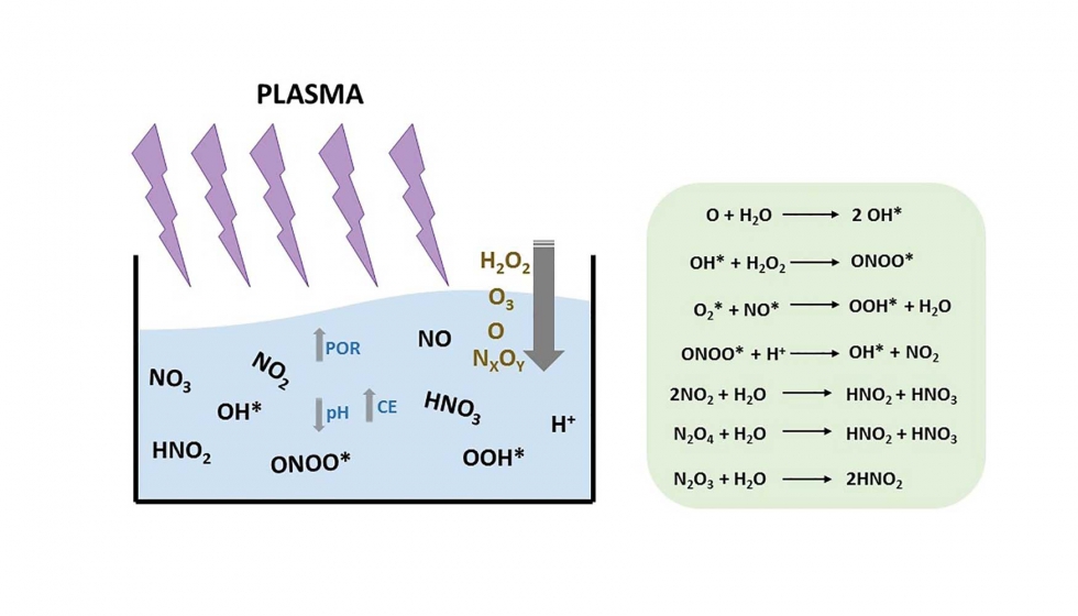 Figura 1: Difusin en el agua de especies qumicas reactivas del plasma y formacin de nuevas especies, generando agua activada por plasma (PAW)...