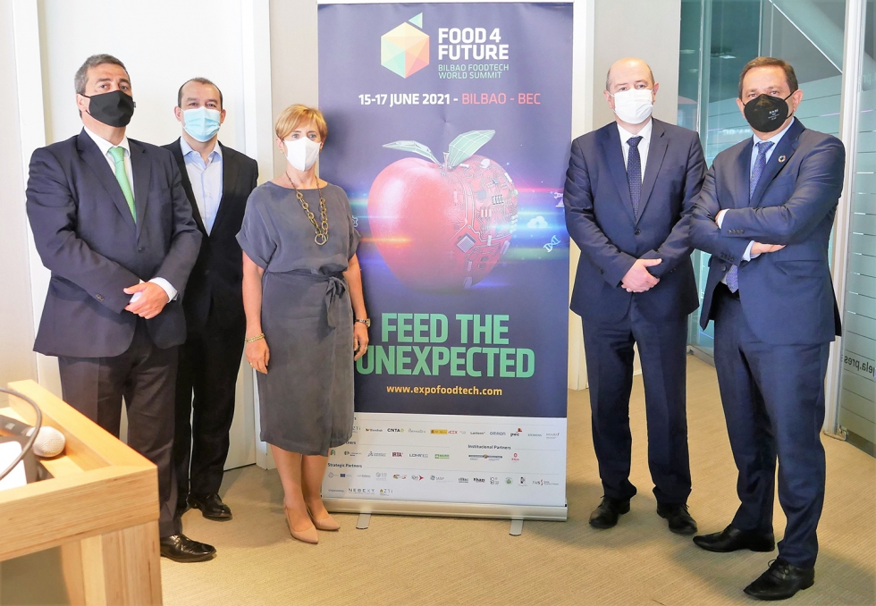 Rueda de prensa de presentacin de Food 4 Future Expo FoodTech 2021: Xabier Basaez, Albert Planas, Arantxa Tapia, Bittor Oroz y Rogelio Pozo...