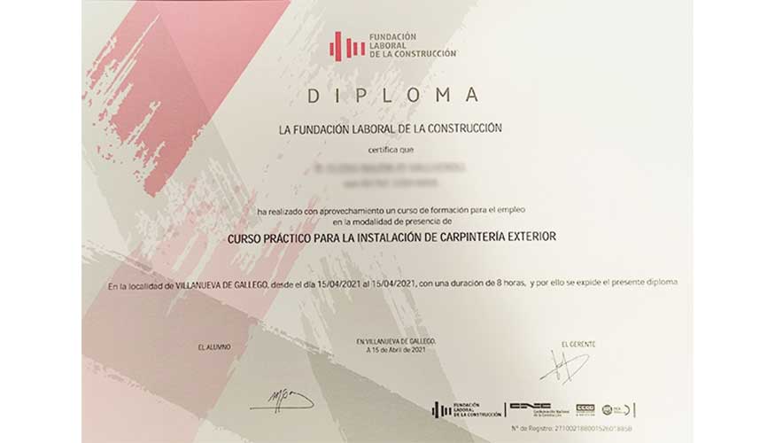 Diploma acreditativo del curso de 'Instalacin de Carpintera Exterior'
