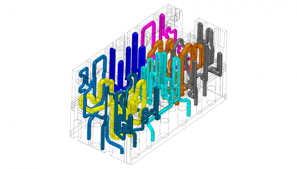 Vista interna en 3D del ncleo a imprimir con los ocho canales de refrigeracin conformados independientes