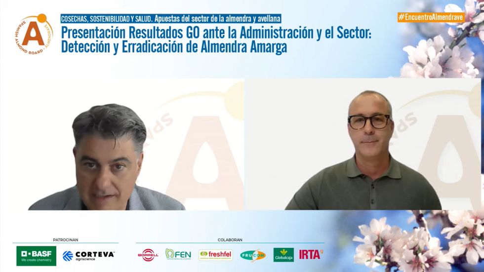 Jorge de Saja (izq), director general de Almendrave, y Xavier Miarnau, investigador del IRTA, en un instante de la jornada online...