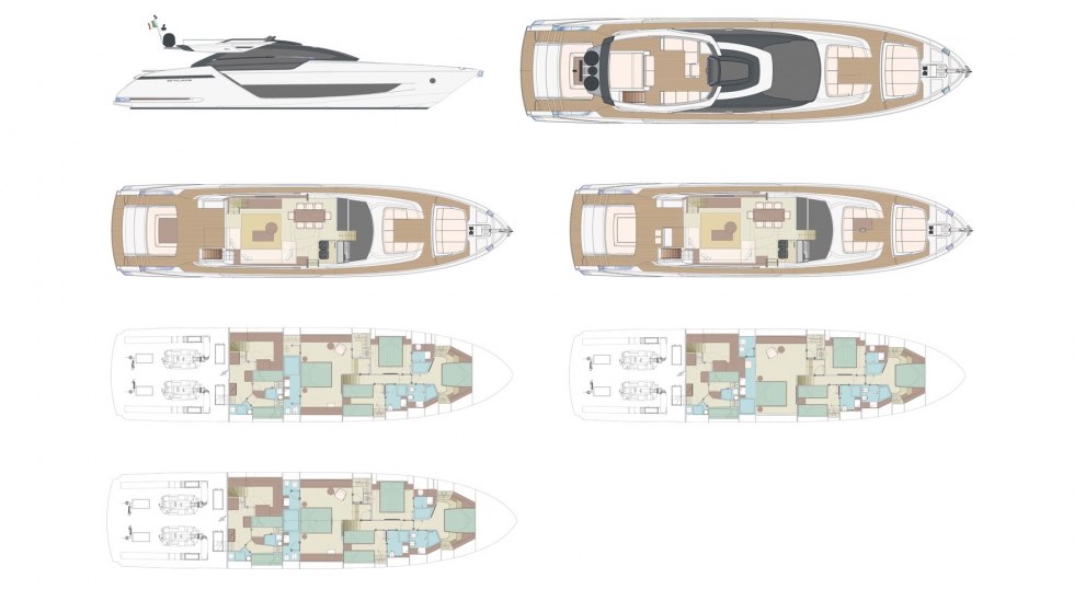 Planos de la cubierta superior, principal e inforior y vista del perfil de la embarcacin