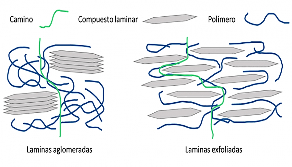Figura 2: Representacin de lminas aglomeradas (izquierda) y lminas exfoliadas (derecha) y el camino que deben atravesar los permeantes...