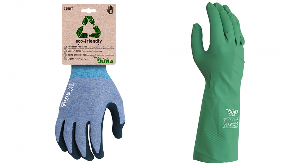 A la izq.: guante H265NT (polister reciclado con spandex recubierto de ltex arenoso en la palma); a la dcha...