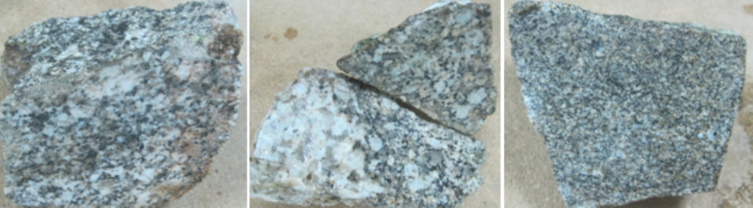 Figura 4. Aspecto en muestra de mano de los granitos del Macizo de Otero: facies de ncleo, de borde y de grano fino
