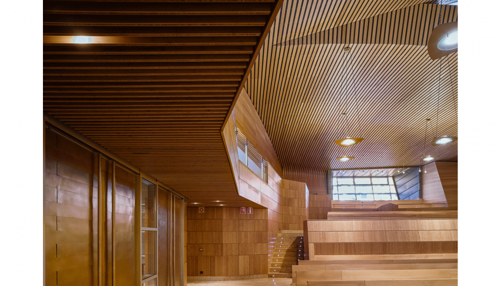 Detalles del sistema de techos Gubia-Slats en el Colegio Retamar de Madrid. Proyecto de Hermoso y Heimannsfeld Arquitectos. Fotos Javier Orive...