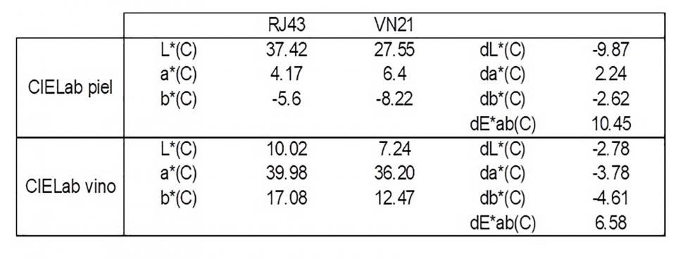 Tabla 1. Valores de las coordenadas CIELab para el clon de referencia RJ43 y el clon 'Tempranillo negro'