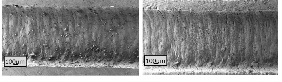 Figura 5. Probetas de aluminio con canales internos de 2 x 2 mm2 obtenidas por SLM y micrografas de los canales antes (izq.) y despus (dcha...