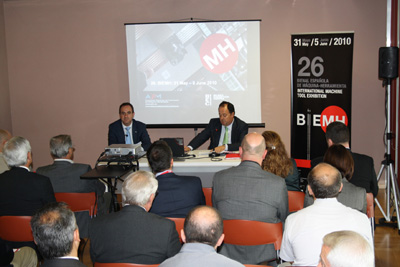 Jos Miguel Corres, Managing Director of BEC, during the presentation of the 26th BIEMH fair EMO in Milan, with Koldo Arandia, President of AFM...