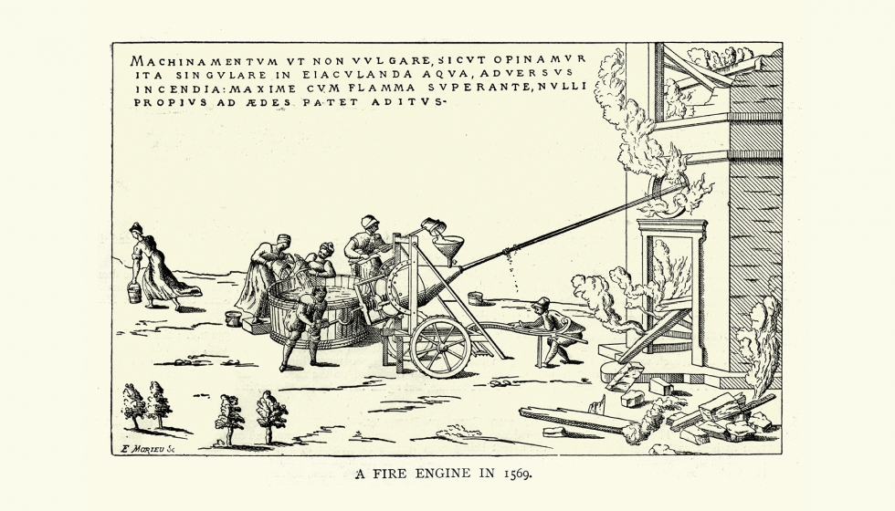 Primer carro de bomberos en Ausburgo (siglo XVI)